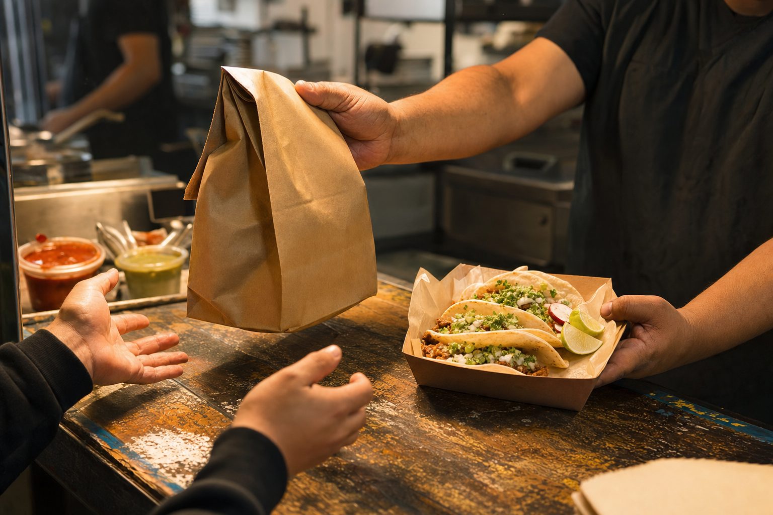 Takeout bag and taco tray handed across the TROMPO Tacos counter