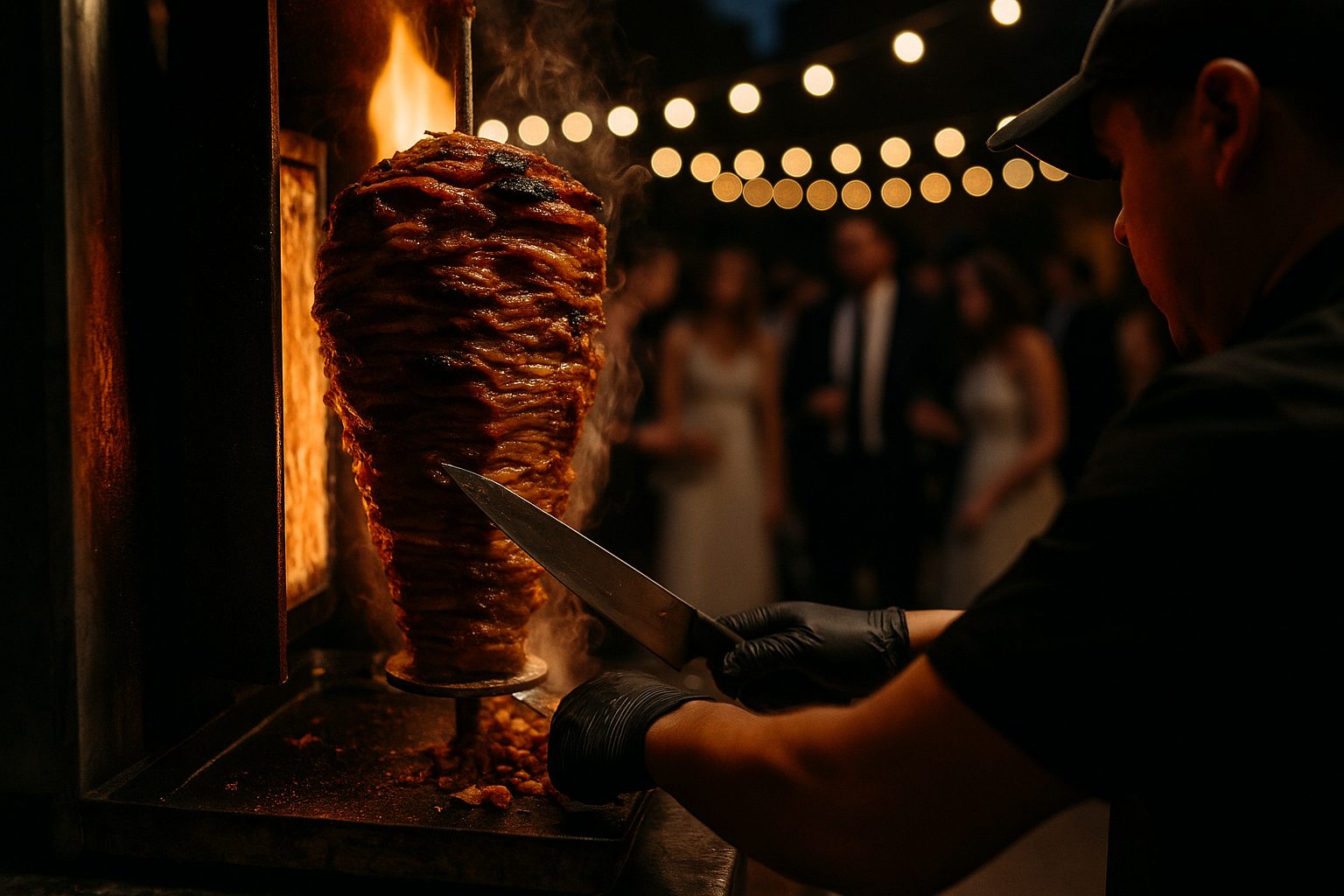 Live trompo spit being carved at a Chicago outdoor wedding reception at night