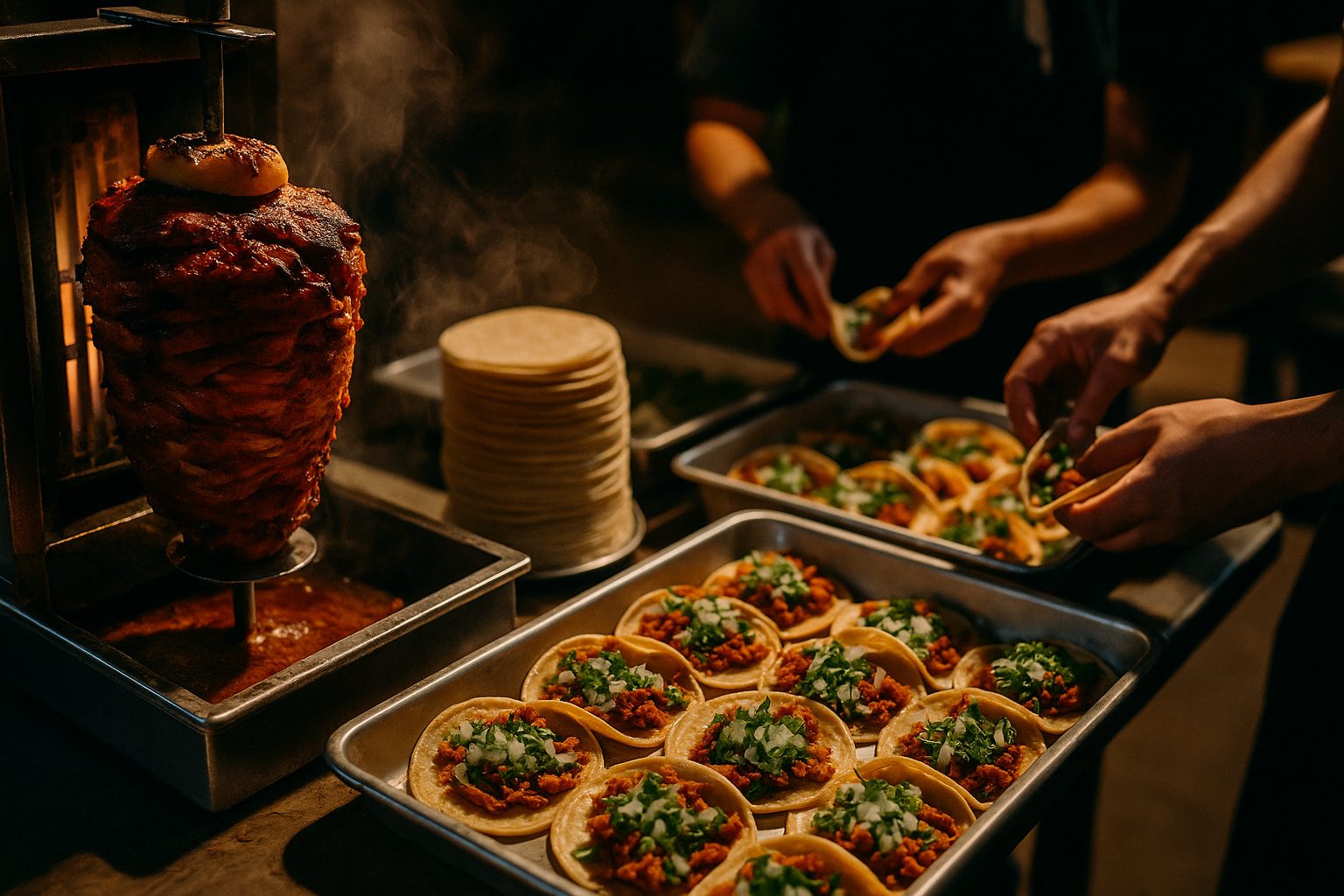 TROMPO Tacos live trompo catering spread at a Chicago event