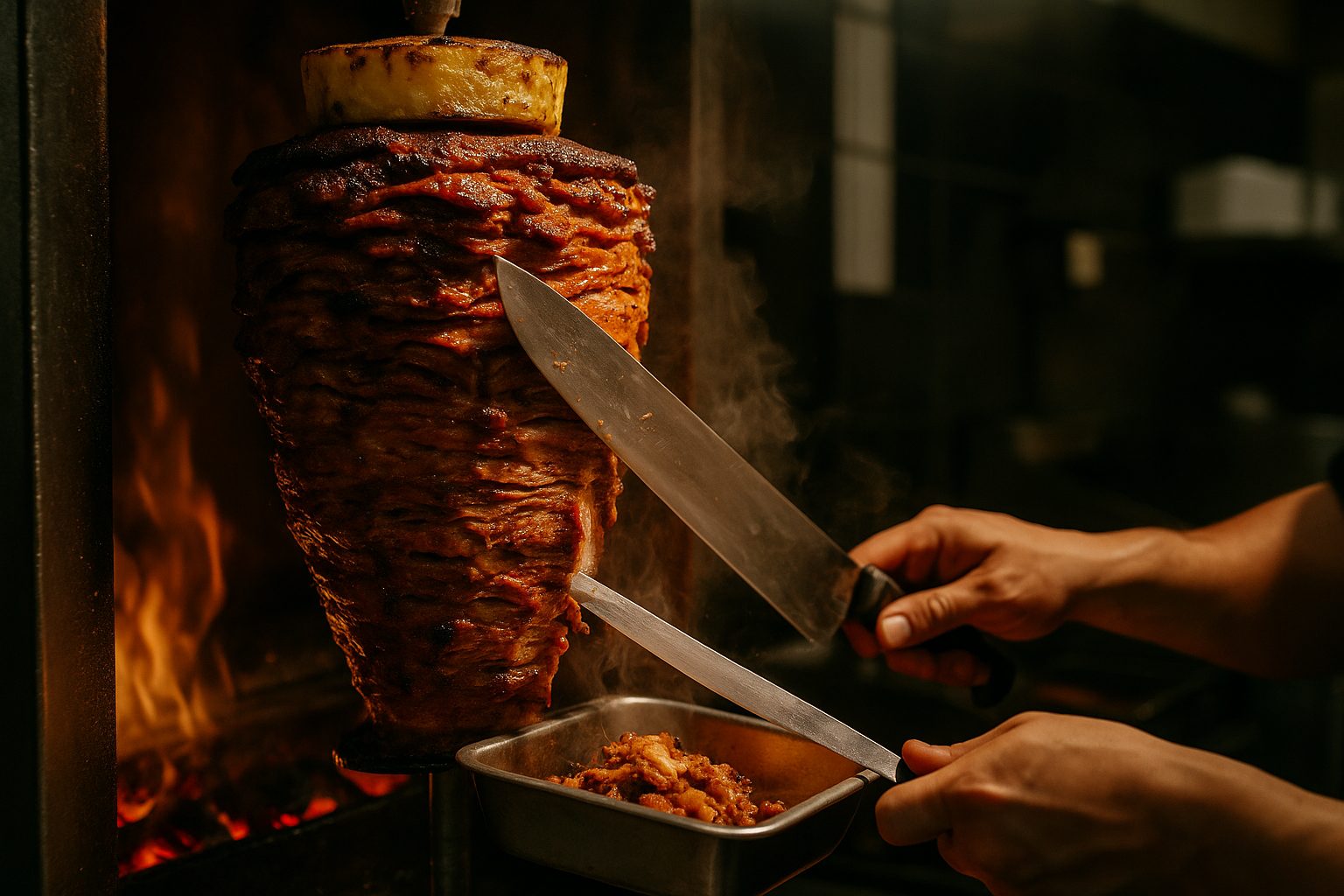 Al pastor carved off the glowing trompo spit at TROMPO Tacos Chicago