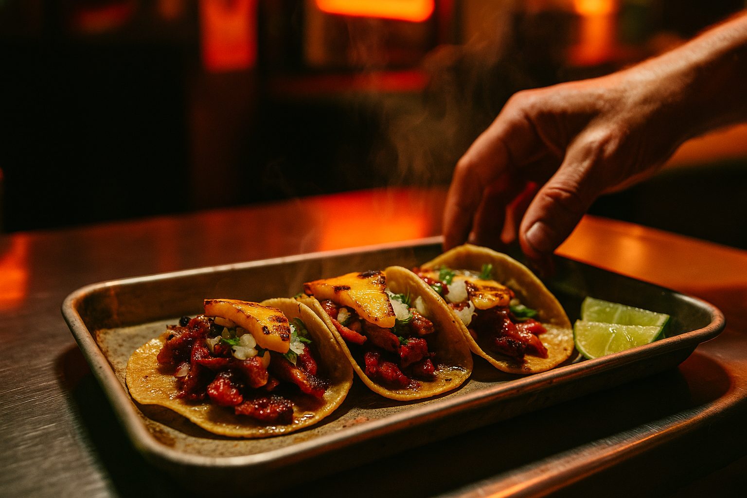 Al pastor tacos on a metal tray at the TROMPO Tacos counter