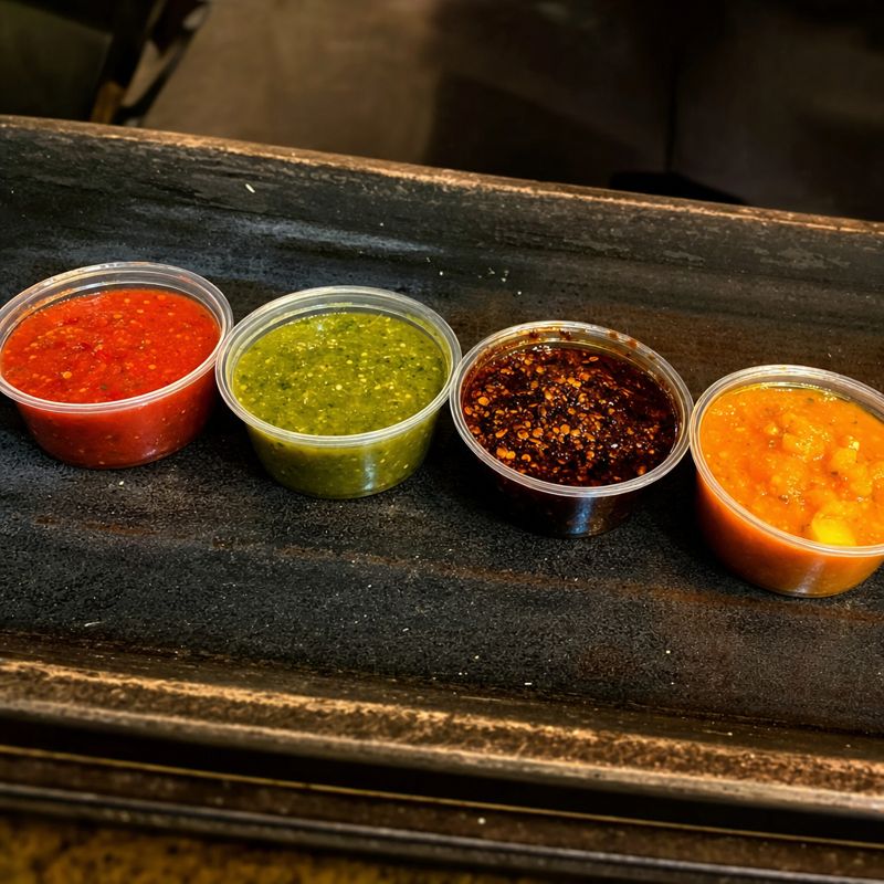 Four to-go cups of salsa: roja, verde, macha, habanero-pineapple