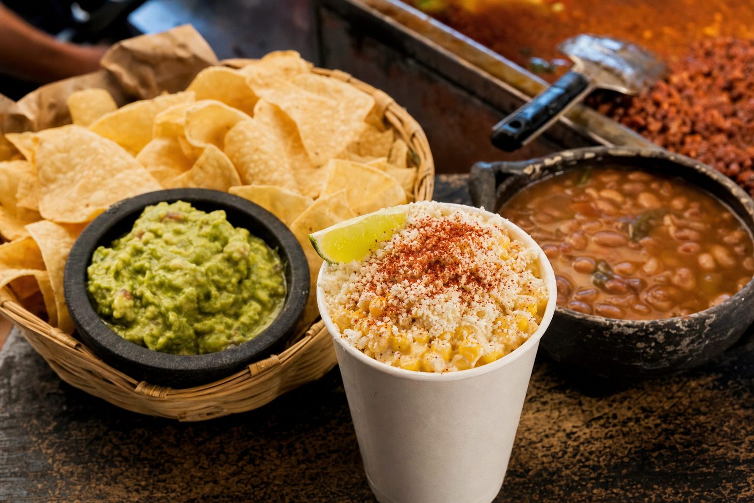Esquites, chips with guacamole and charro beans
