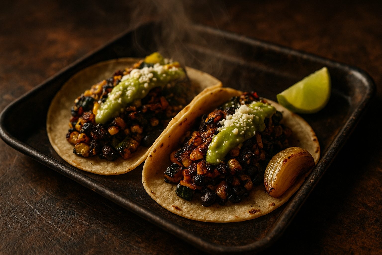 Veggie trompo tacos with charred squash, corn, poblano and cotija
