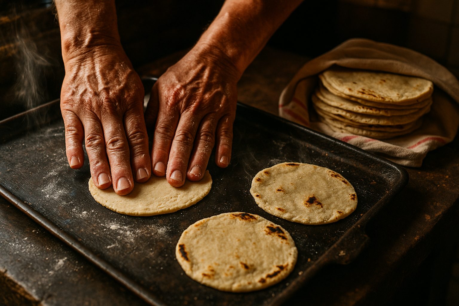 Hands pressing fresh corn masa tortillas on the hot comal at TROMPO Tacos