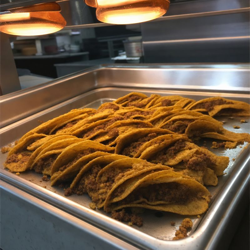 Tired pre-made tacos under heat lamps at a generic counter