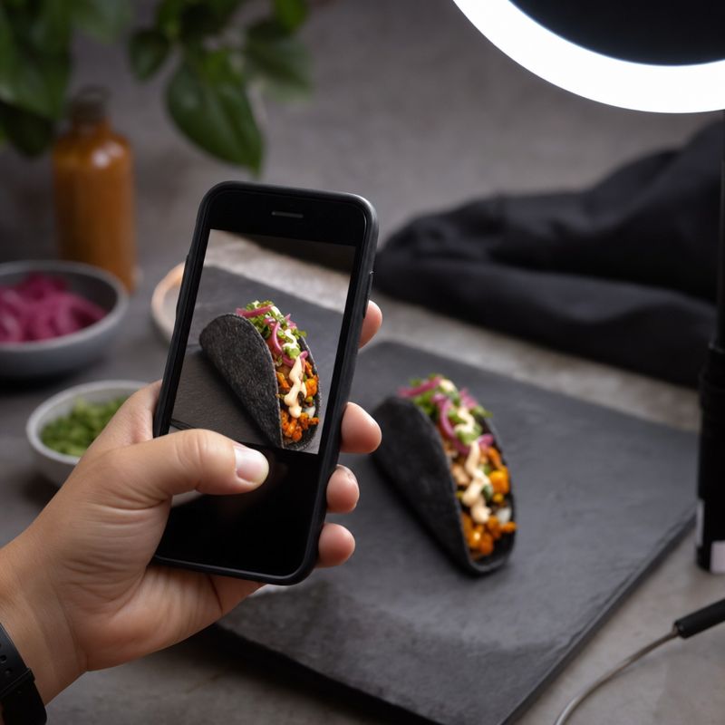A phone photographing a black-dyed novelty taco under a ring light