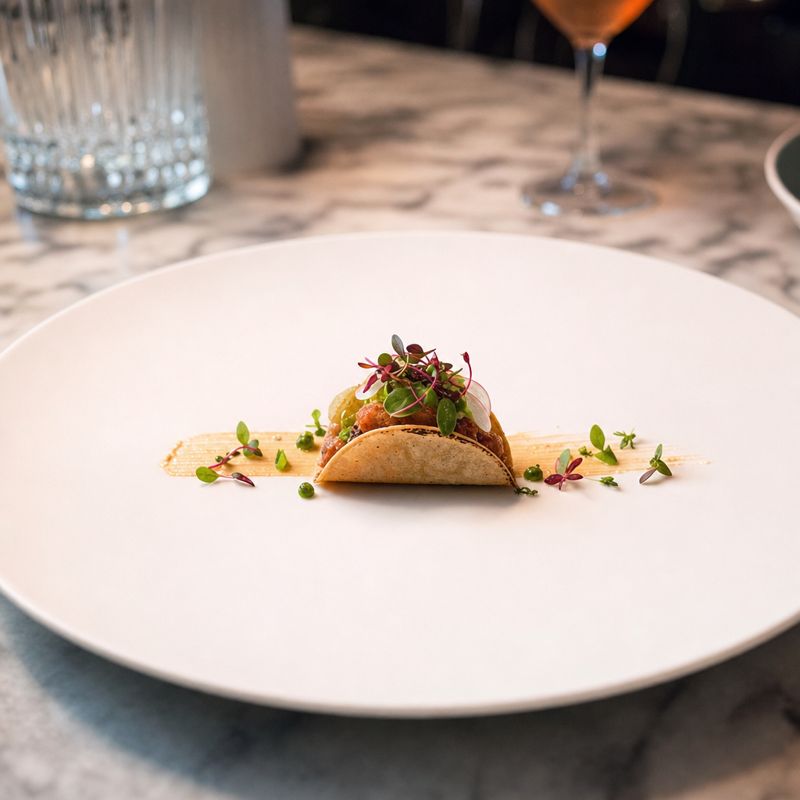 A single overpriced taco plated on an oversized fine-dining plate
