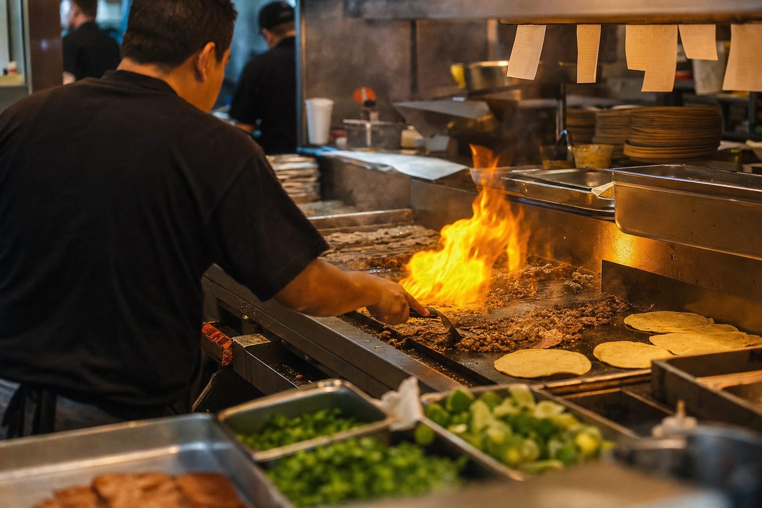 The TROMPO flat top mid-rush: carne asada over flame and tortillas on the comal