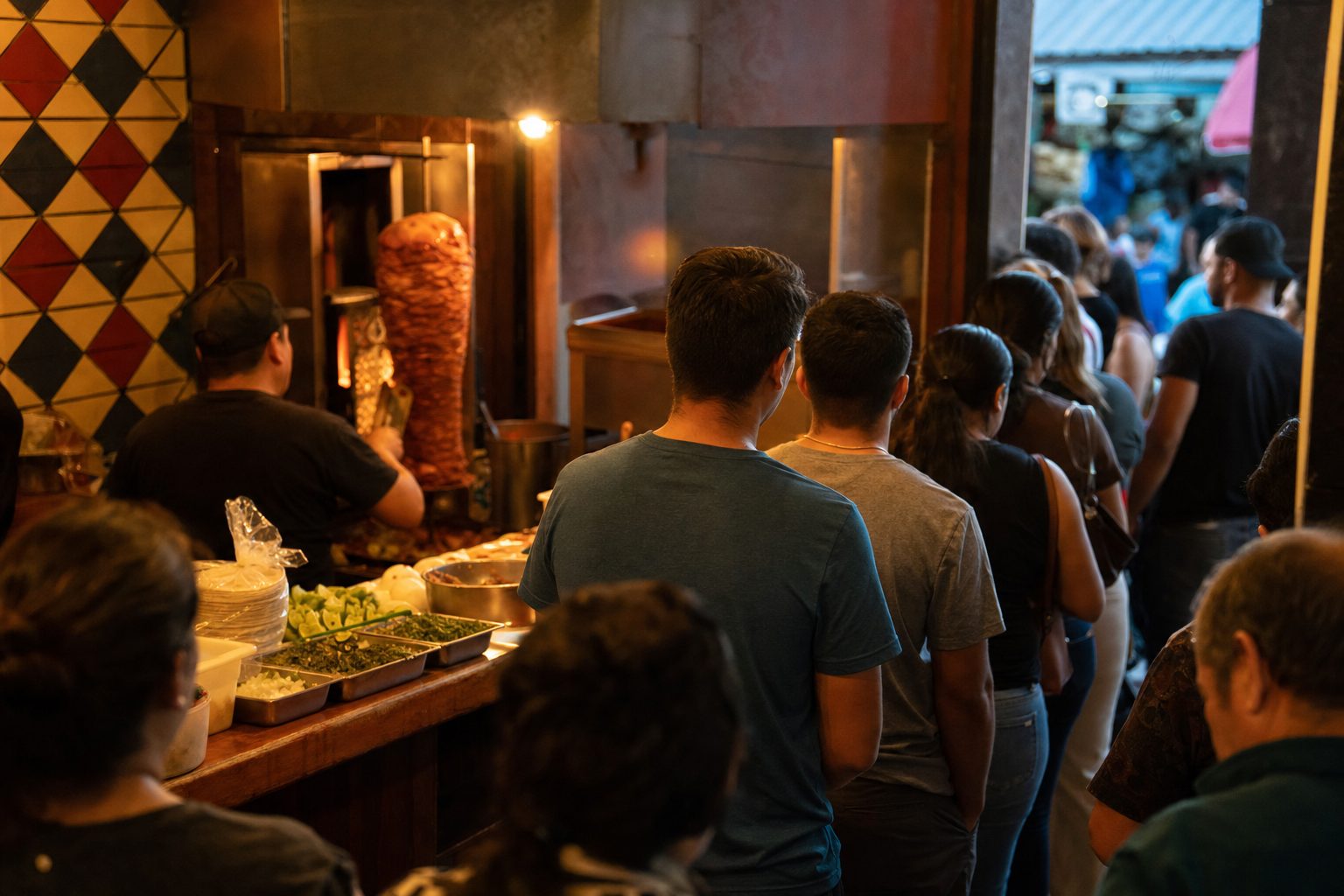 The evening line at TROMPO Tacos, trompo carving in the background