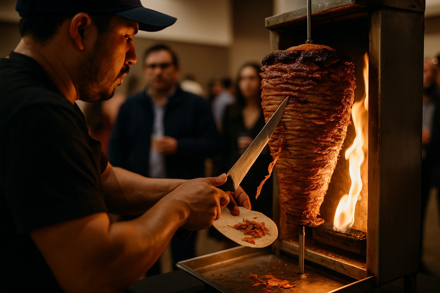 Taquero carving al pastor off a live trompo spit in front of guests